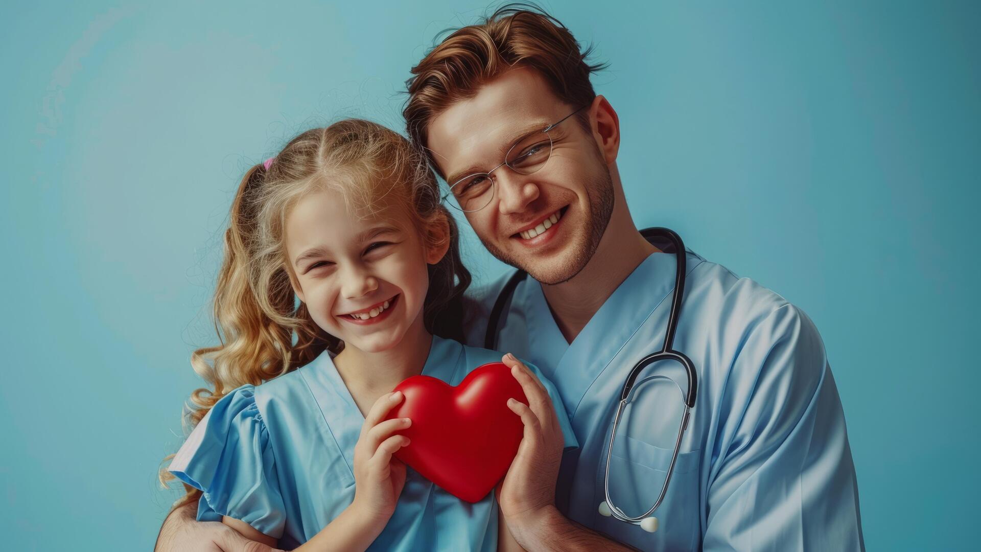 friendly doctor with a young child holding a plastic heart